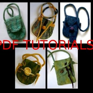May include: Five different felt bags with various colors and designs. The bags are all small and have a strap for carrying. The image includes the text "PDF TUTORIALS".