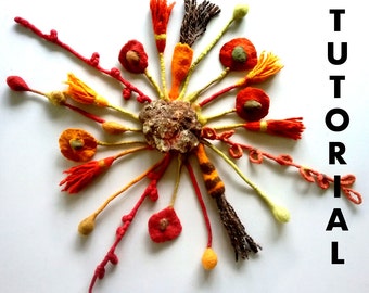 May include: A colorful felt art piece with a variety of shapes and textures. The piece is made up of red, orange, yellow, and brown felt. The word "TUTORIAL" is written in black letters on the right side of the image.