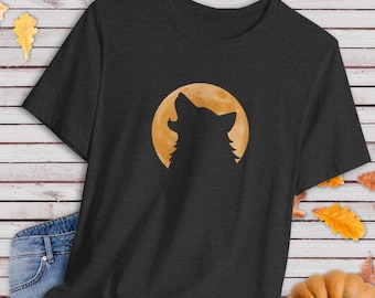 Mystical Wolf Howling Full Moon T-Shirt, Silhouette Night Sky Tee