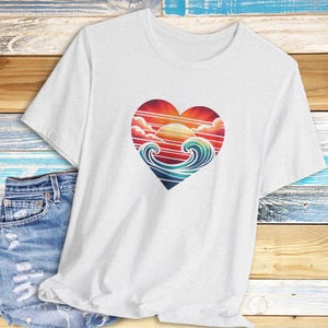 Watercolor Retro Wave T-Shirt, Beach Sunset Tee, Ocean Vibes Top, Summer Surf Shirt, Coastal Theme Clothing, Unisex Jersey Short Sleeve Tee