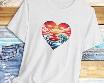 Aquarell Retro Wave T-Shirt, Strand Sonnenuntergang T-Shirt, Ocean Vibes Top, Sommer Surf Shirt, Küsten Thema Kleidung, Unisex Jersey Kurzarm T-Shirt
