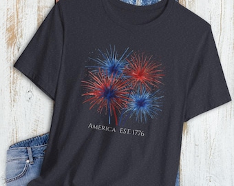 T-shirt patriottisch vuurwerk, 4 juli-shirt, Independence Day-kleding, T-shirt Amerikaanse vlag, Celebration-topje