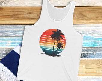 Retro Sunset Palm Tree Tank Top, Vintage Beach Summer Tropical Shirt
