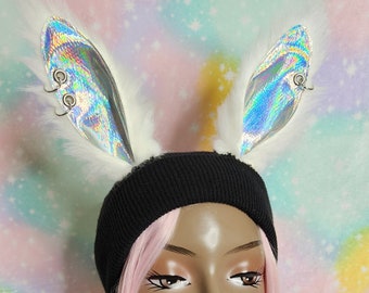 Pierced Ears Bunny Beanie White Fur Holographic