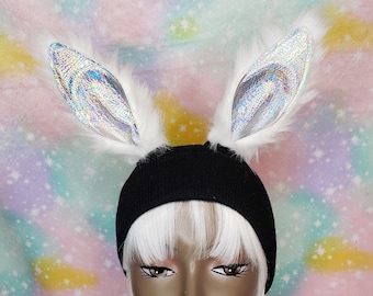 Holographic Bunny Ear Beanie White Fur