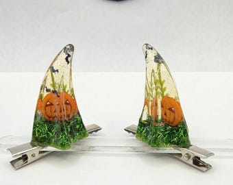 Ready to Ship  Pumpkin Patch mini terrarium with bats Clip on Horns