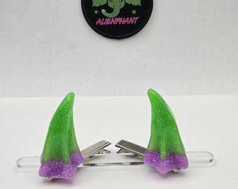 Ready to Ship Green and Purple Clip on Horns