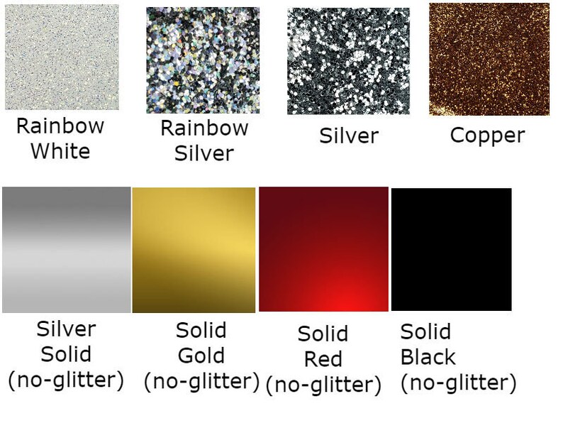 May include: A color chart featuring various shades and textures. The chart includes glittery options like Rainbow White, Rainbow Silver, Silver, and Copper. Solid colors such as Silver, Solid Gold, Solid Red, and Solid Black are also displayed, with the text "(no-glitter)" beneath them.