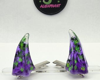 Ready to Ship Cannabis Holographic Purple Clip on Horns