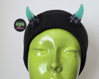 Ready To Ship GLOW AQUA Devil Horn Beanie