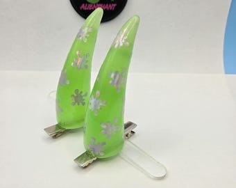 Ready to Ship Glow-in-the-dark Green SPLAT  Clip on Mega Oni Horns