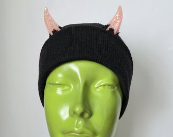 Ready To Ship Glitter Pastel PinkDevil Horn Beanie