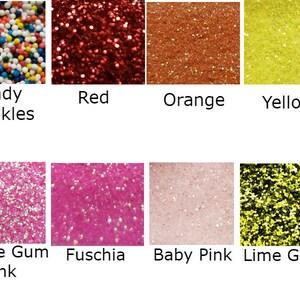 May include: A collection of colorful sprinkles and glitter in various colors, including red, orange, yellow, pink, fuchsia, baby pink, and lime green. Each color is labeled with its name.