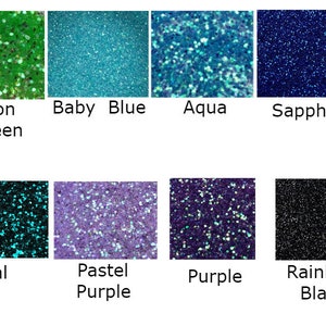 May include: A collection of glitter samples in various colors, including neon green, baby blue, aqua, sapphire, teal, pastel purple, purple, and rainbow black. Each sample is labeled with its corresponding color name in white text.