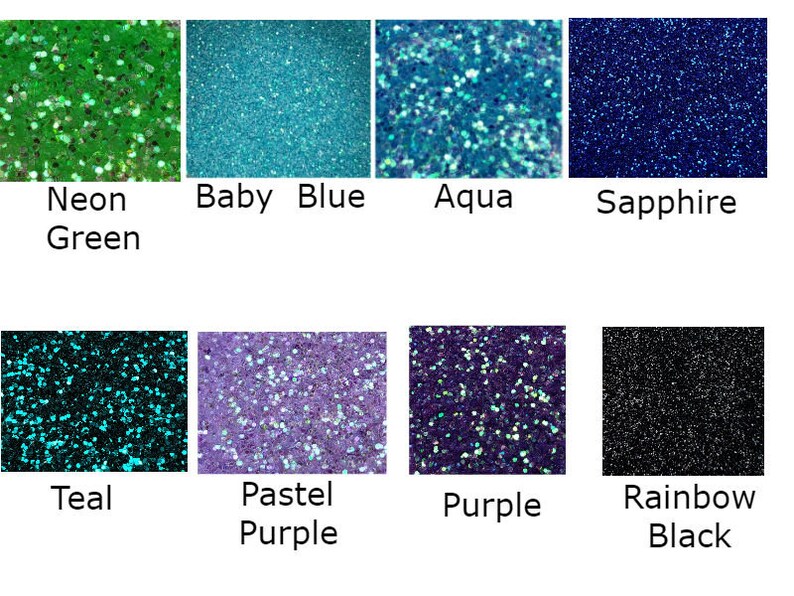 May include: A collection of glitter samples in various colors, including neon green, baby blue, aqua, sapphire, teal, pastel purple, purple, and rainbow black. Each sample is labeled with its corresponding color name in white text.