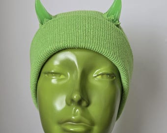 Ready To Ship GLOW GREEN  Devil Horn Beanie