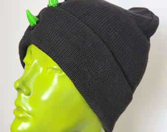 Ready To Ship Green Mohawk Dino  Horn Beanie