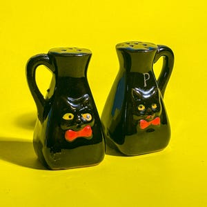 Vintage Japanese Black Cat Salt & Pepper Shakers – Ceramic, 2.75” Tall with Corks