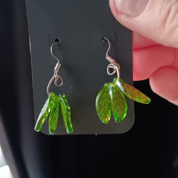 Peridot Green Leaf Dangle Earrings, Handmade Leaf Shape Glass Beads