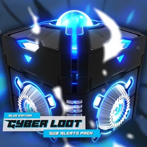 Peut inclure: Un cube bleu et noir avec des lumières bleues brillantes et un orbe bleu qui tourne sur le dessus. Le cube porte le texte "Cyber Loot" et "Sub Alerts Pack".