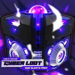 Peut inclure: Un cube futuriste noir et violet avec des lumières brillantes et un orbe violet sur le dessus. Le texte "VIOLET EDITION CYBER LOOT SUB ALERTS PACK" est sur la face avant du cube.
