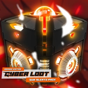 Peut inclure: Pack d'alertes de souscription Cyber Loot, édition orange. Une boîte cubique noire brillante avec des accents orange et blancs. La boîte a un orbe orange brillant sur le dessus et une étiquette de texte orange brillante qui lit "Cyber Loot".