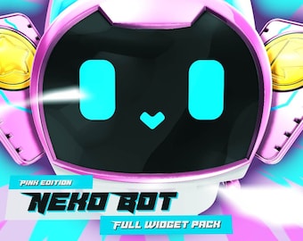 May include: A pink and white robot with cat ears and blue eyes. The robot has a black screen with a heart shape on it. The text "PINK EDITION NEKO BOT FULL WIDGET PACK" is below the robot.