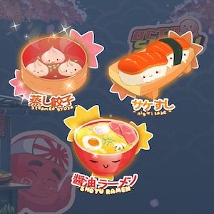 Puede incluir: Tres artículos de comida ilustrados con texto japonés y traducciones al inglés. El primero es un tazón rojo de albóndigas al vapor, el segundo es un plato de sushi nigiri de salmón, y el tercero es un tazón de ramen con un huevo, carne y verduras.