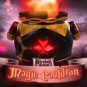Może przedstawiać: Czarny kocioł z czerwoną gwiazdą i złotymi akcentami sznurkowymi. Kocioł jest oświetlony czerwonym płomieniem i ma zwój z napisem "Gryphon House". Tekst "Magic Cauldron" jest napisany ozdobnym fontem na czerwonej wstążce.