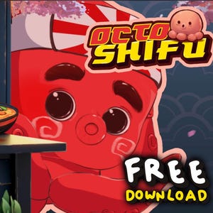 May include: A red cartoon octopus wearing a white and red headband with a Japanese flag design. The octopus is looking to the right and has a surprised expression. The text "OCTO SHIFU" is in yellow and red letters above the octopus. The text "FREE DOWNLOAD" is in yellow letters below the octopus.