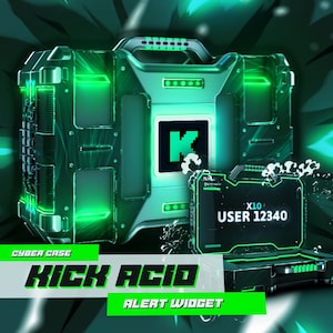 May include: A green and black cyber case with a glowing green K logo and the text "Cyber Case Kick Acid Alert Widget" on the front. A smaller black case with the text "X10 USER 12340" is in the foreground.
