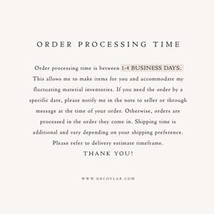 May include: A cream-colored graphic with the text "ORDER PROCESSING TIME" at the top. The text below explains order processing time is between 1-4 business days. The bottom of the graphic says "THANK YOU!" and the website address.