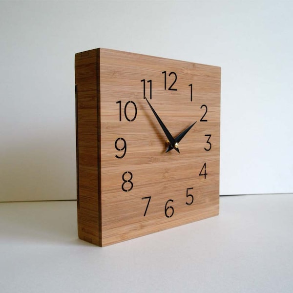 Modern clock, wooden box, wall or desktop clock, simple design, square clock