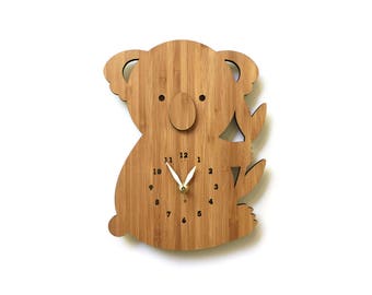 Koala Bear Wall Clock With Numbers, Wood Clock for Nursery or Children's rooms