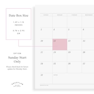 May include: A white calendar page with a pink highlighted date box. The date box size is 1.49 x 1.15 inches, or 3.78 x 2.95 cm. The text reads "Sunday Start Only". The Decoylab logo is in the bottom left corner.