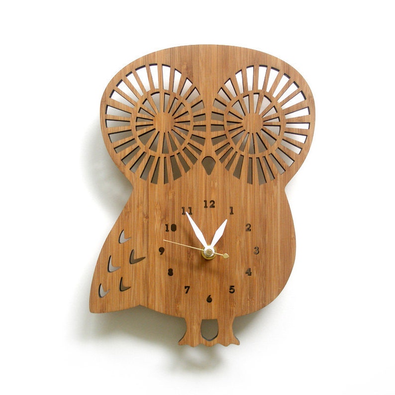 Wooden Owl clock with numbers, modern wall clock, animal clock image 1