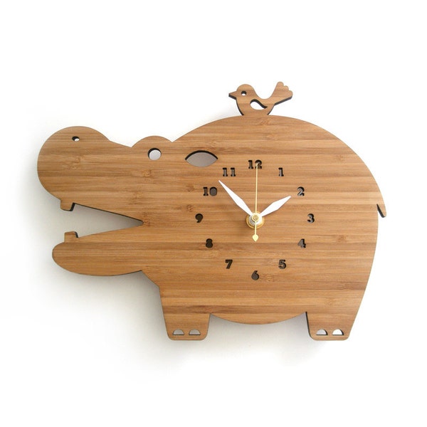 Modern Wooden Wall Clock Happy Hippo