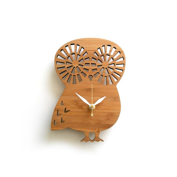 Small Owl Wall Clock: Modern Bamboo Heirloom Decor