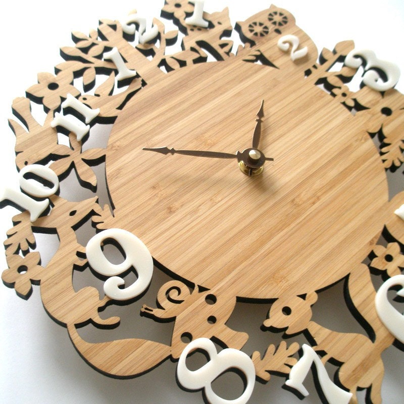 Horloge Décorative de Mur, Bois, Horloges Animales Forêt, Décor Chambre d'enfants, 10 Pouces