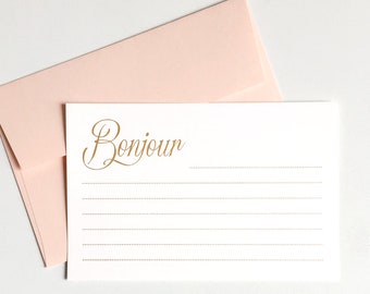 Hello Greeting Cards set of 10, Gold foil Bonjour Flat Note cards with envelopes