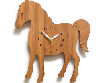 Horloge murale de cheval, Horloge en bois, chambre d’enfants, thème de la ferme