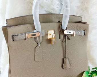Bolso hecho a mano tamaño 35 cm cuero genuino Color Etoupe candado de lujo con cerradura y llave bolsos de mujer