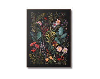 Moody Floral Framed Canvas Art: Dark Cottagecore Botanical Print