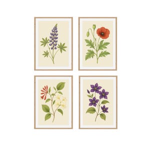 Vintage Botanical Wildflower Prints: Set of 4, Nature Wall Art (Digital Download)