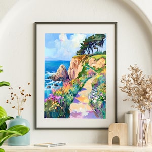 Large Impressionist Coastal Cliff Path Print - Ocean Wildflower Landscape Wall Art - California Seaside Painting for Nature Lovers