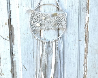 Vintage Lace Dream Catcher Wall Hanging Creamy White Antique Trims Buttons Baubles One of KInd!