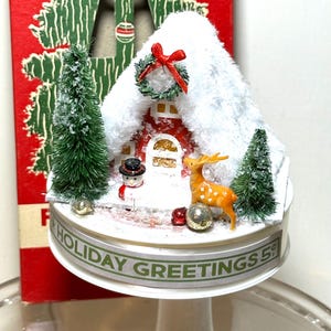 Putz House on Spool of Vintage Ribbon Christmas Decor Mica Mercury Ornaments Deer Snowman