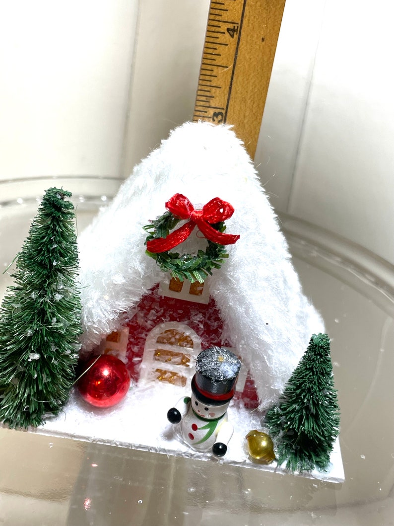 Red Putz House Christmas Decor Mica Mercury Glass Vintage Snowman image 5