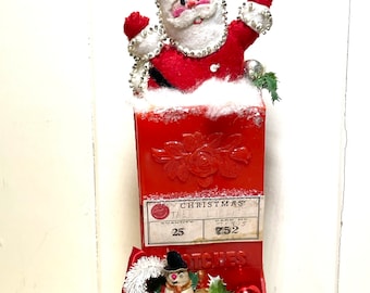 Altered Vintage Red Plastic Match Safe Sequined Santa Christmas Decor