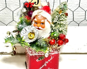 Altered Vintage Tobacco Tin w/ Santa Mica Mercury Glass Bottle Brush Tree Christmas Decor
